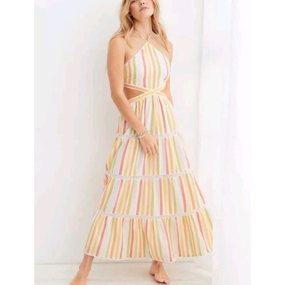 Aerie Halter Maxi Dress Mall of America Cotton Yellow White XL A003502